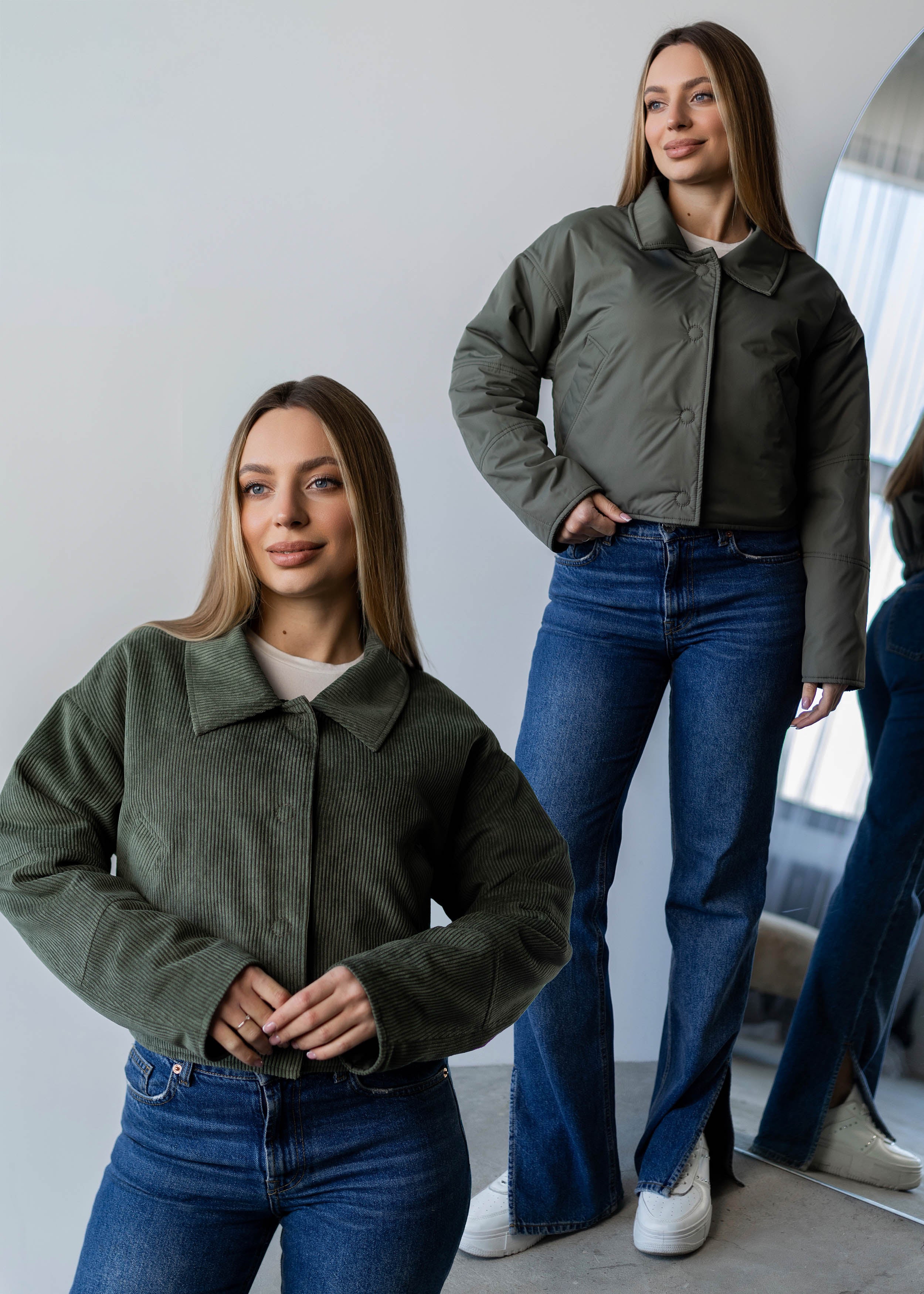 Reversible Cropped Jacket in Velvet & Raincoat Finish khaki