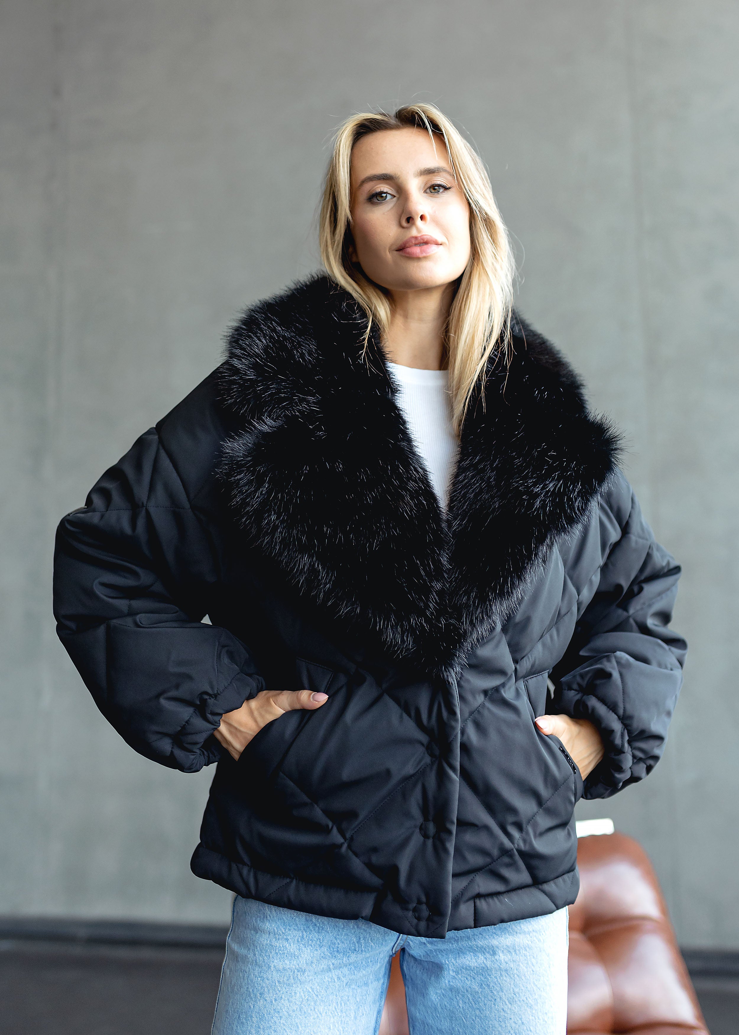 Elegant Winter Jacket with Faux Fur Collar All black