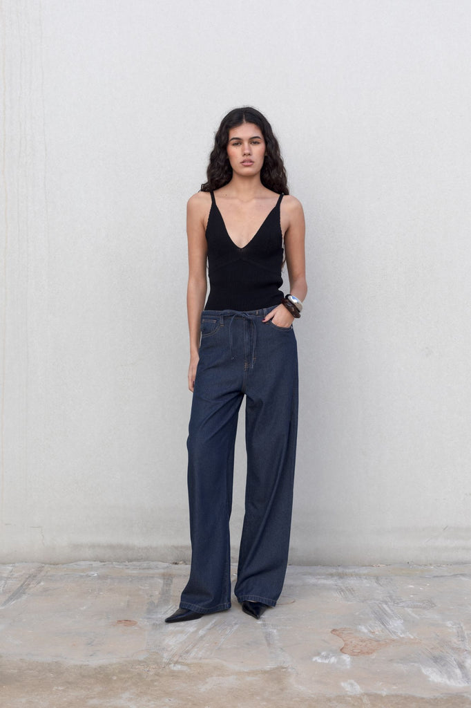 Wide-Leg Denim Pants with Drawstring Waist