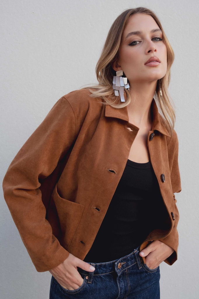 Short Suede Effect Jacket in Camel Brown