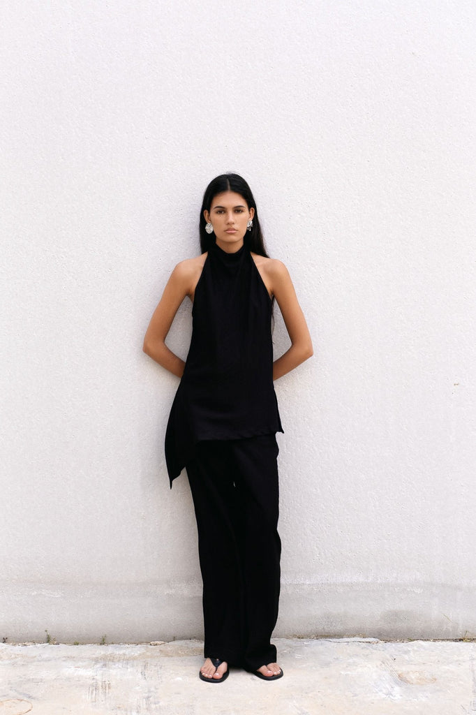 Ivory Halter Neck Asymmetric Top Black