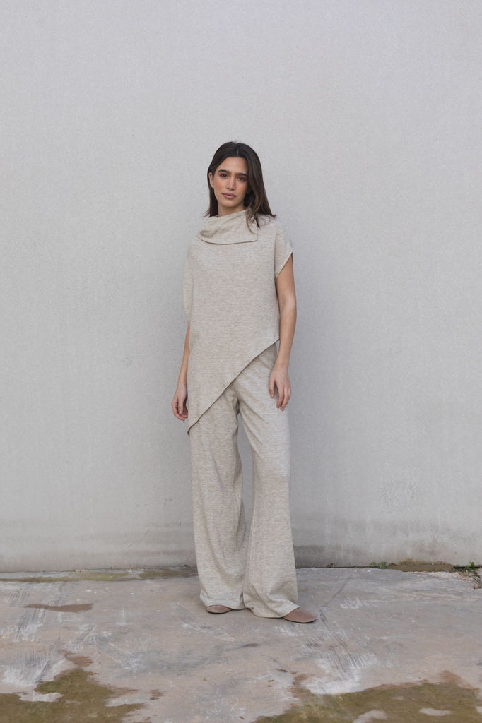 Wide-Leg Knit Pants beige color