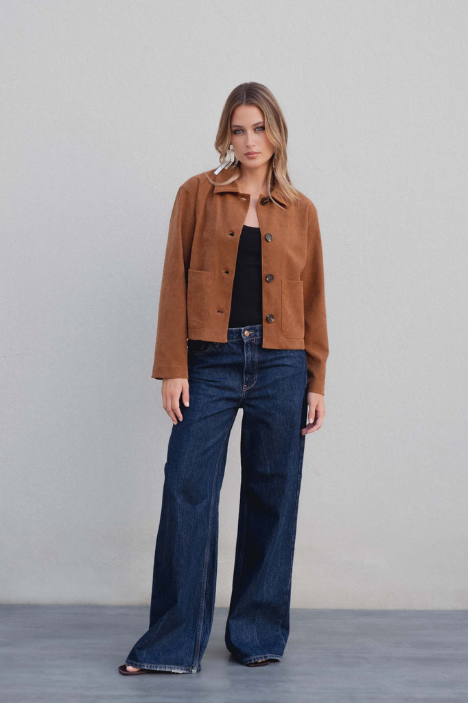 Short Suede Effect Jacket in Camel Brown