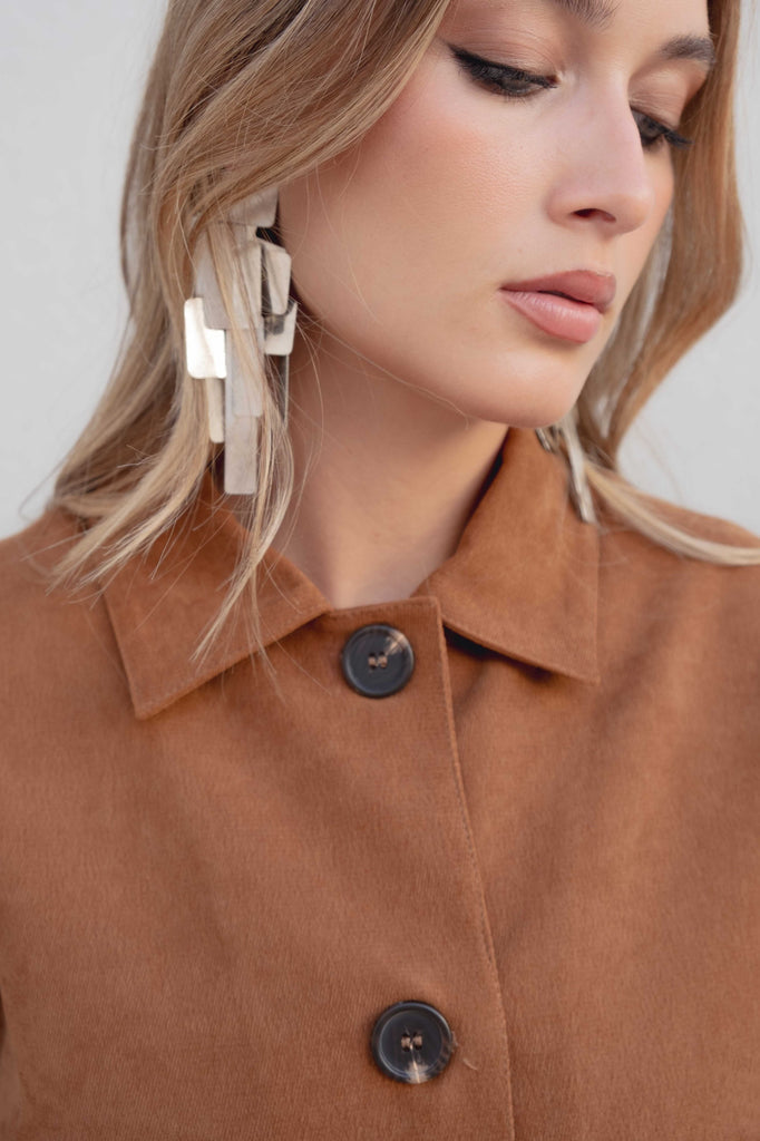 Short Suede Effect Jacket in Camel Brown