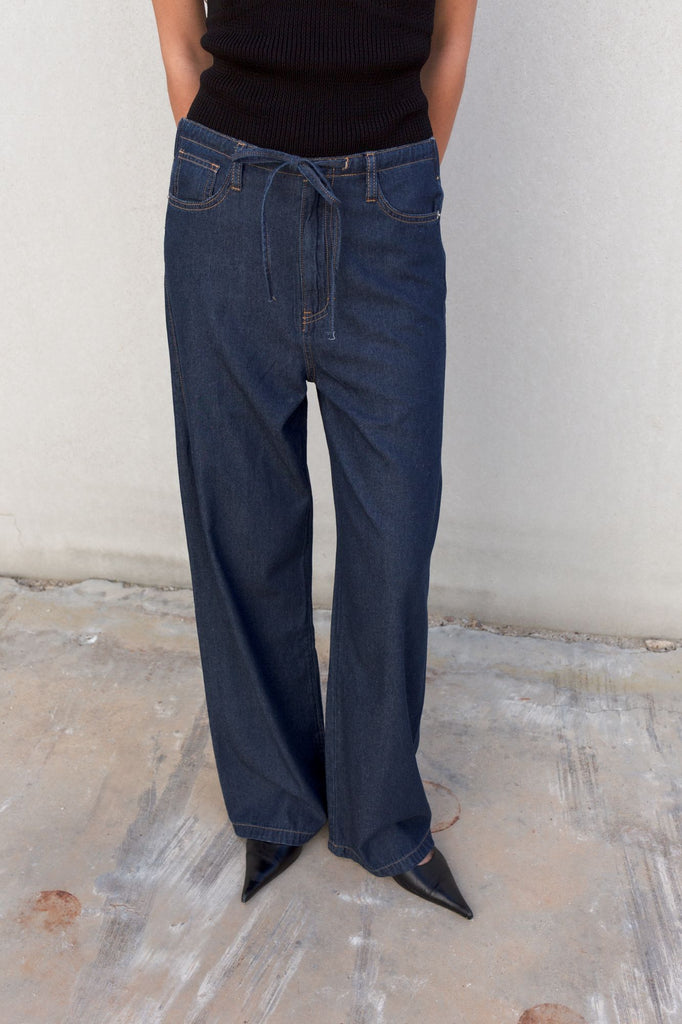 Wide-Leg Denim Pants with Drawstring Waist