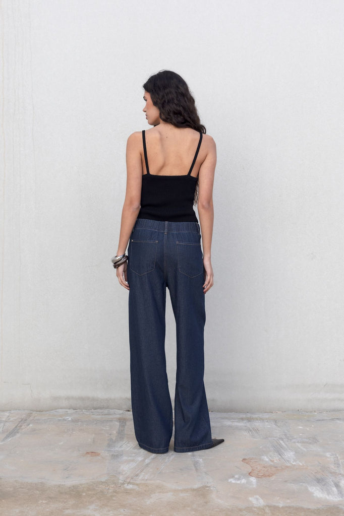 Wide-Leg Denim Pants with Drawstring Waist