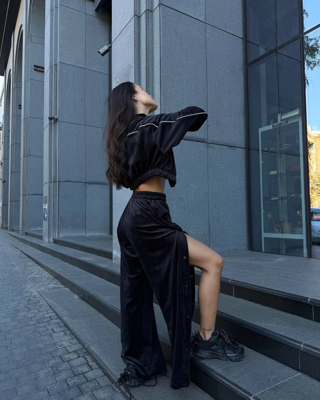 Velour Suit with Cropped Blazer Black
