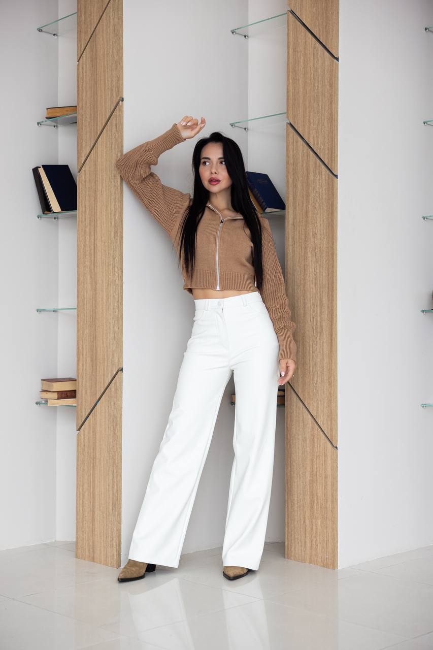 Wool Cropped Knit Zip Hoodie Beige