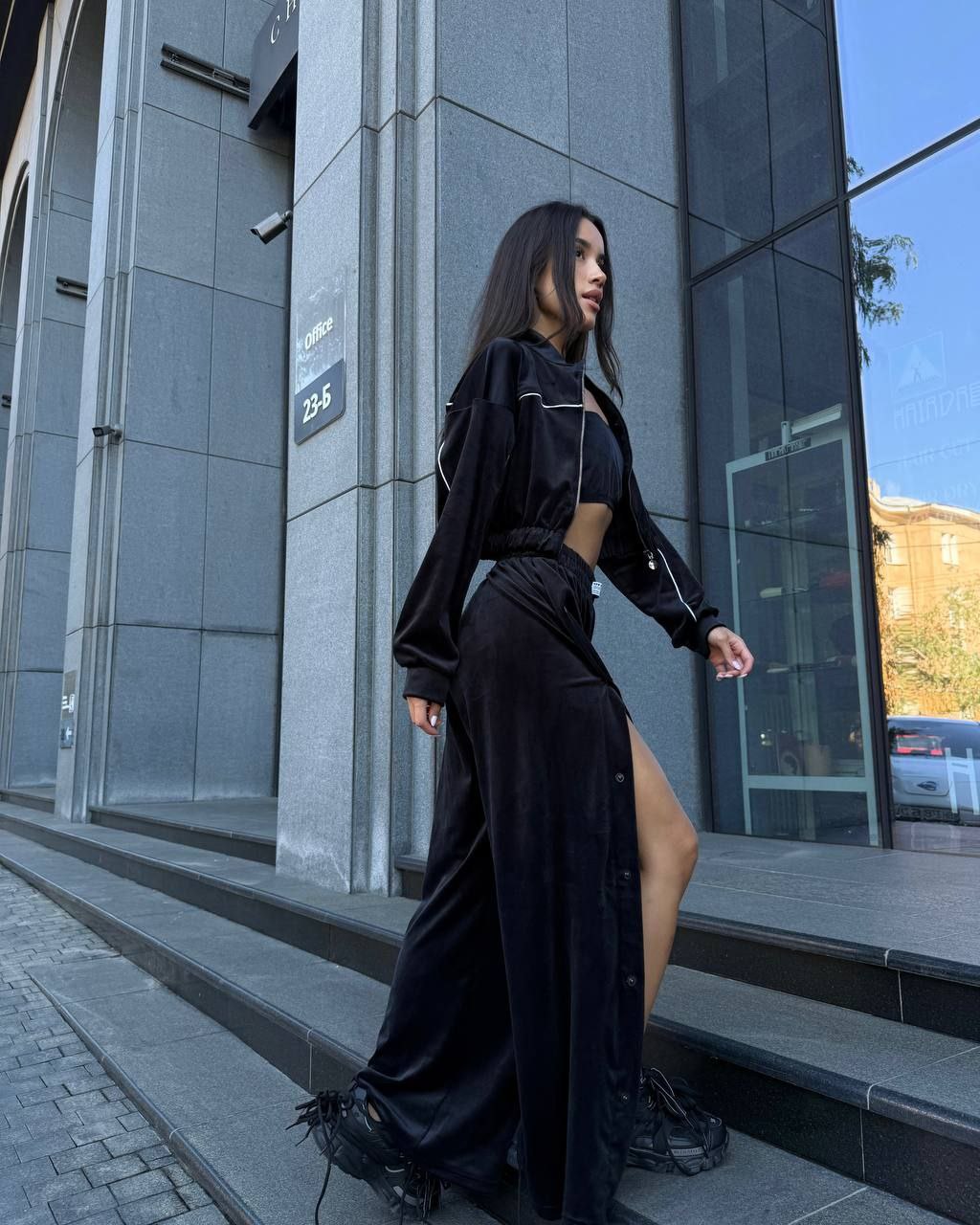 Velour Suit with Cropped Blazer Black