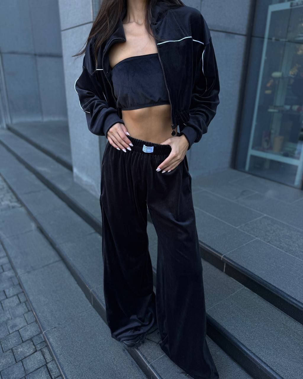 Velour Suit with Cropped Blazer Black