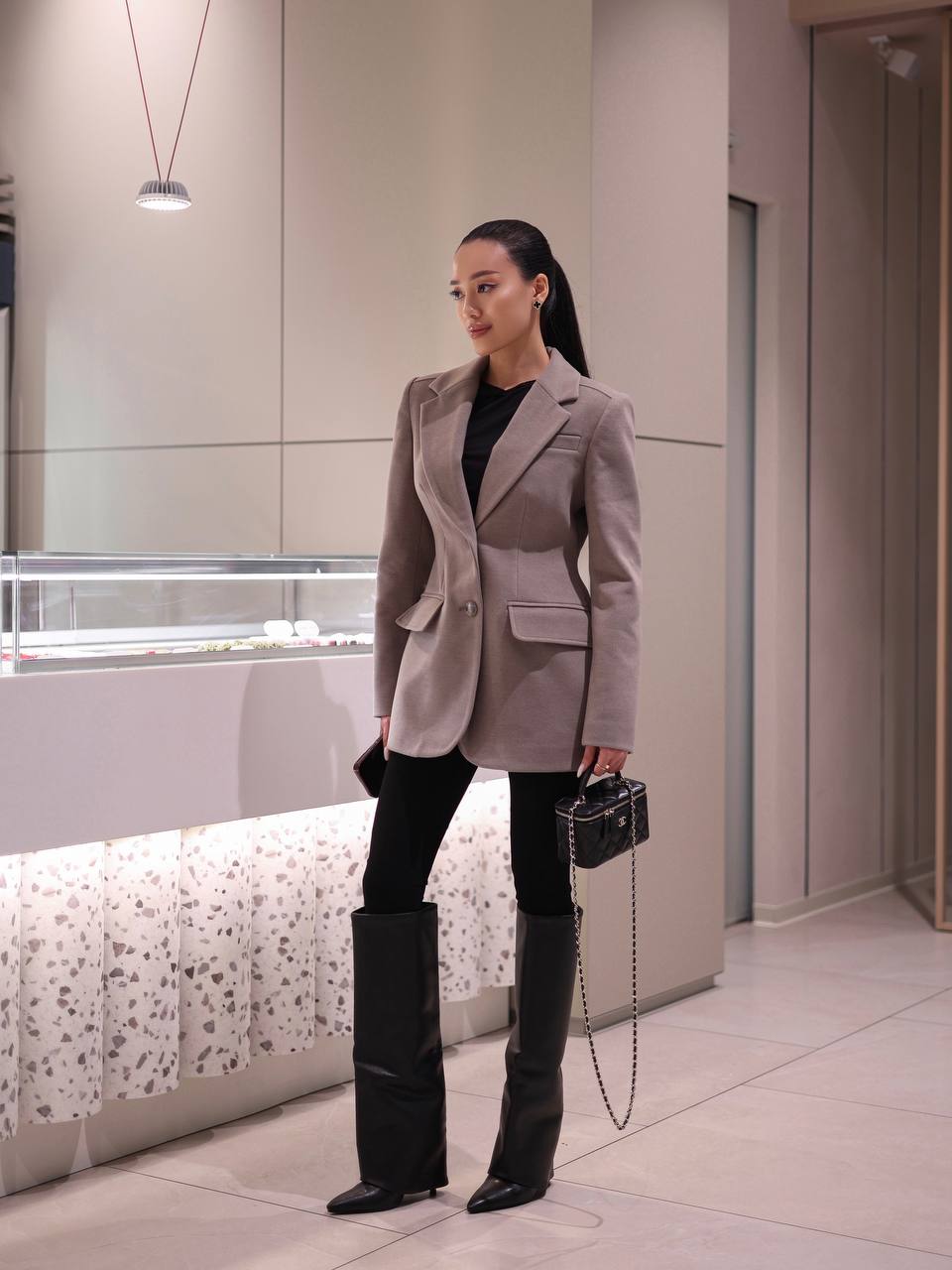 Cashmere Blend Jacket –  Hourglass Silhouette Warm Grey