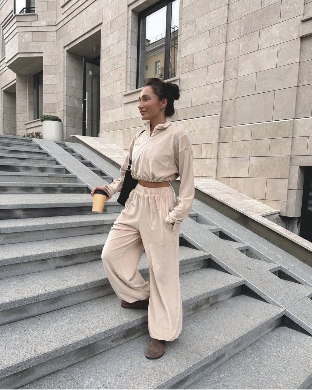 Beige Velour Two-Piece Set