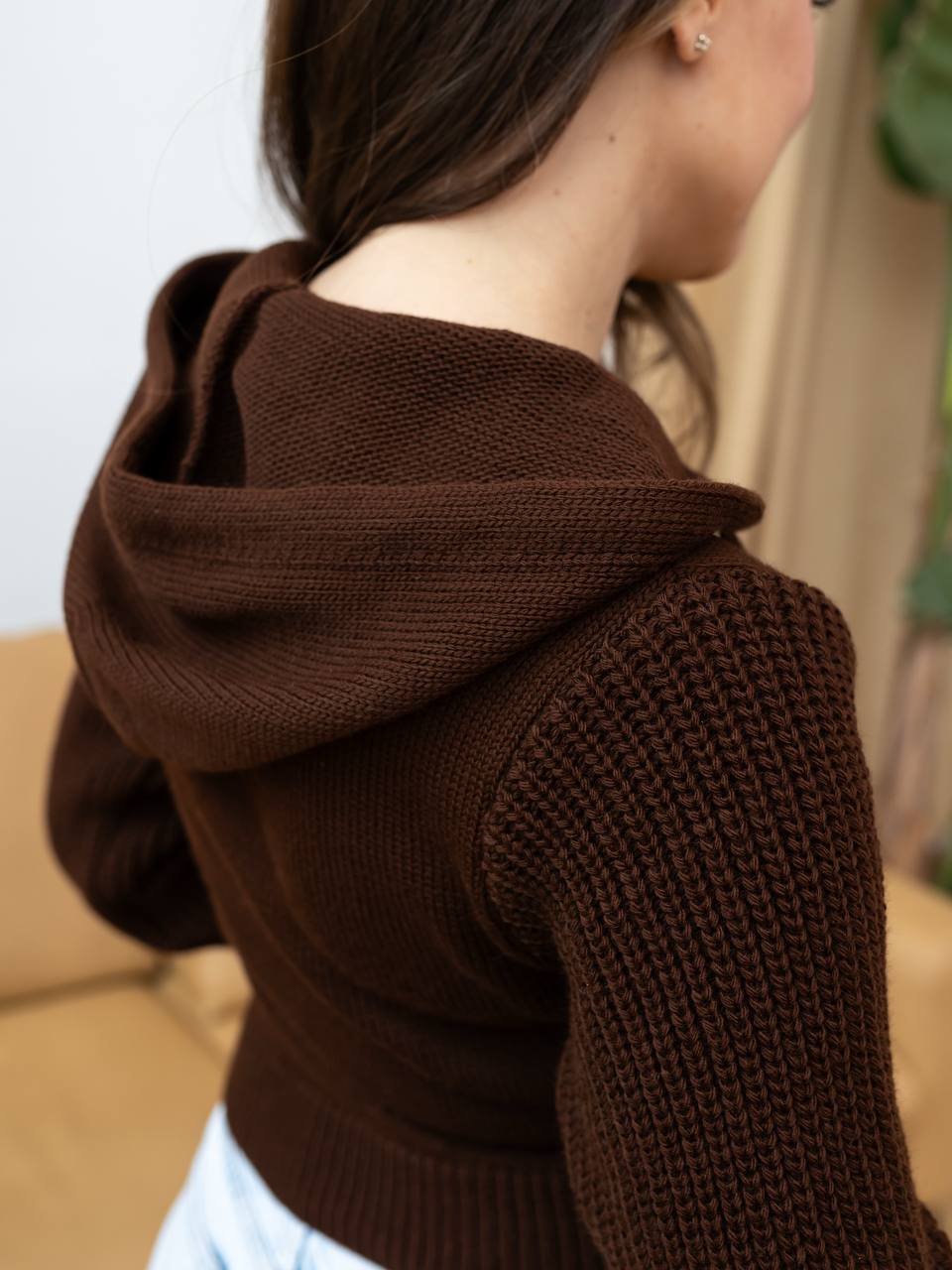 Wool Cropped Knit Zip Hoodie Brown