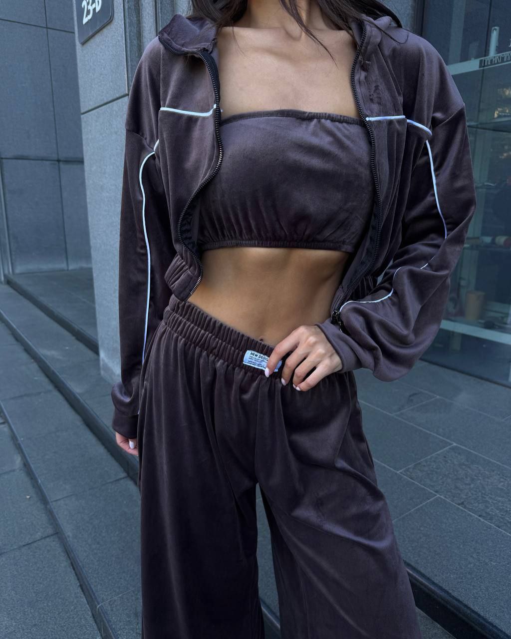 Velour Suit with Cropped Blazer Brown
