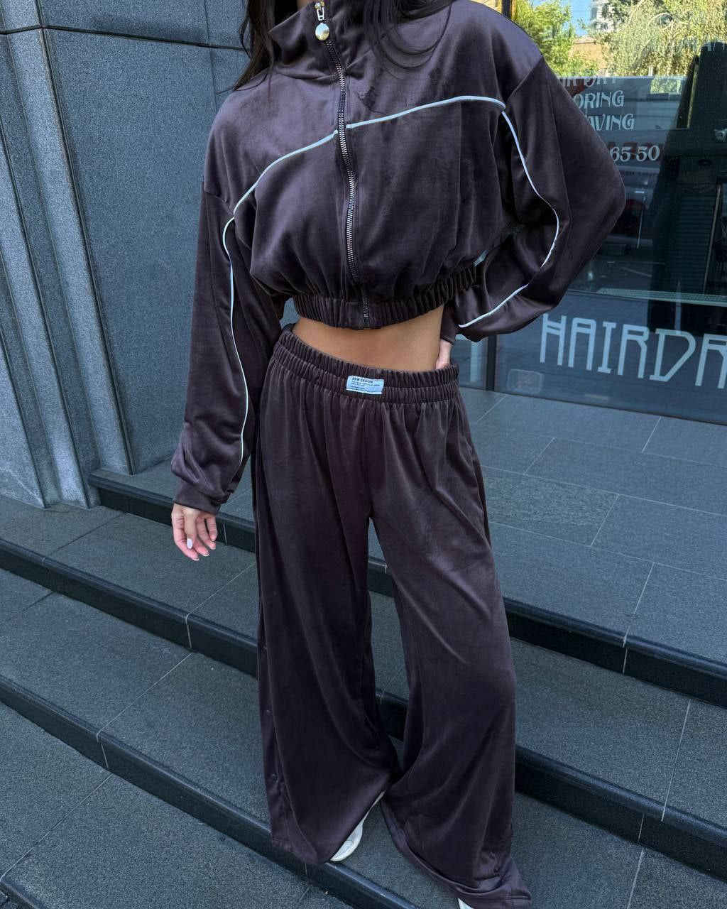 Velour Suit with Cropped Blazer Brown