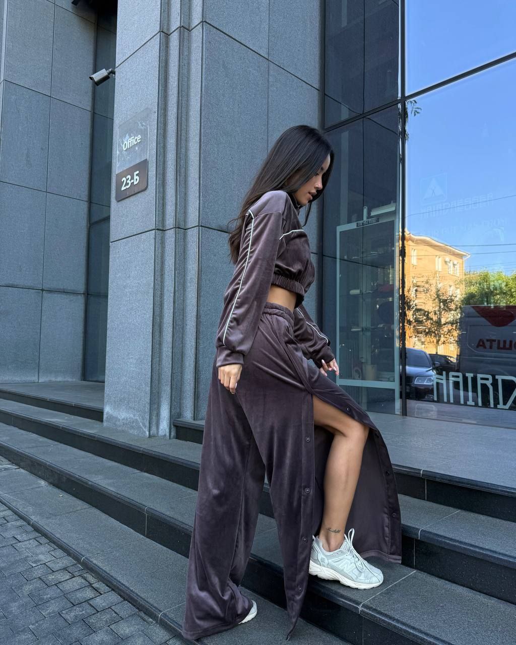 Velour Suit with Cropped Blazer Brown