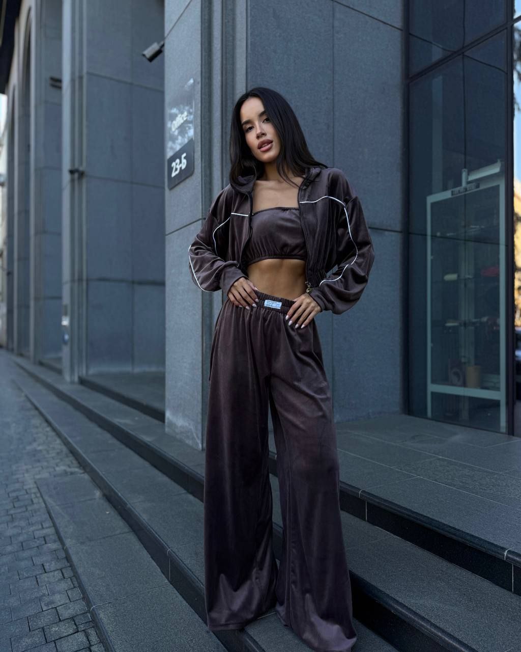 Velour Suit with Cropped Blazer Brown