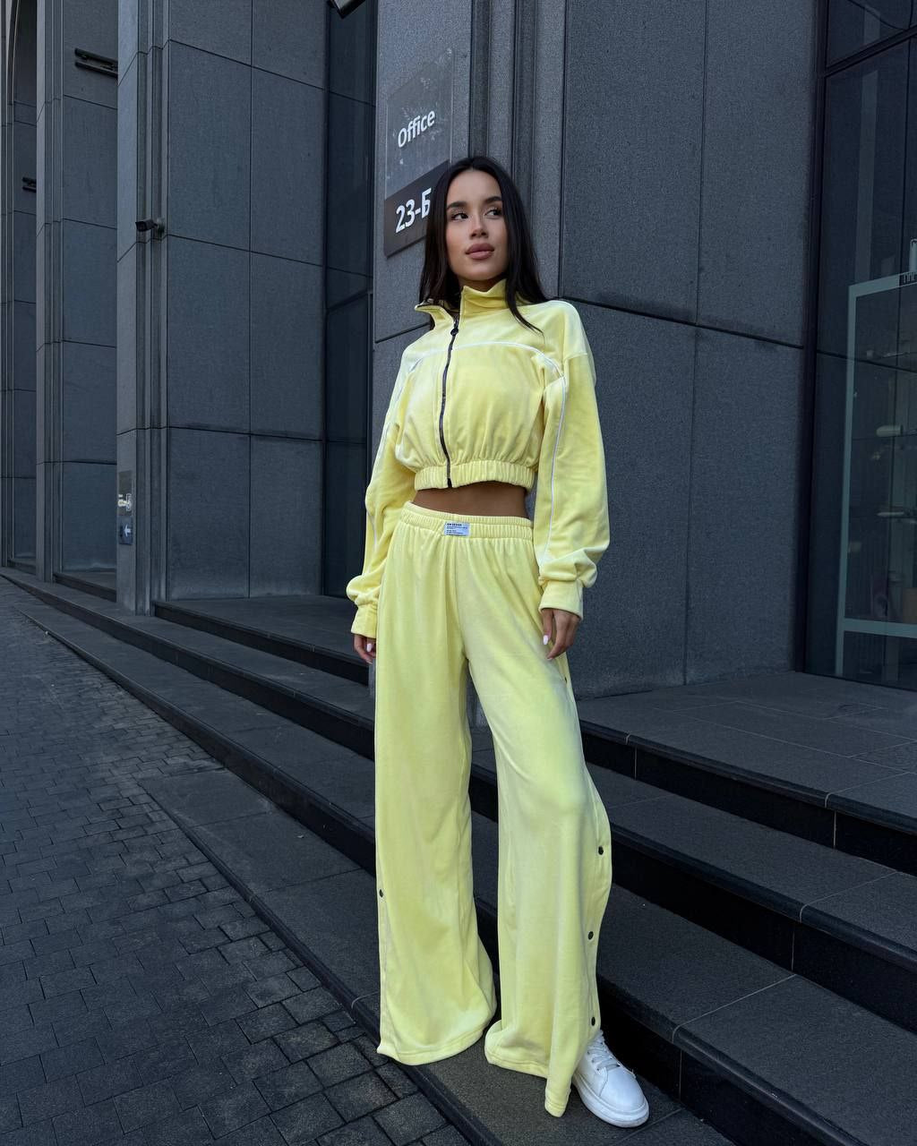 Velour Suit with Cropped Blazer Yellow