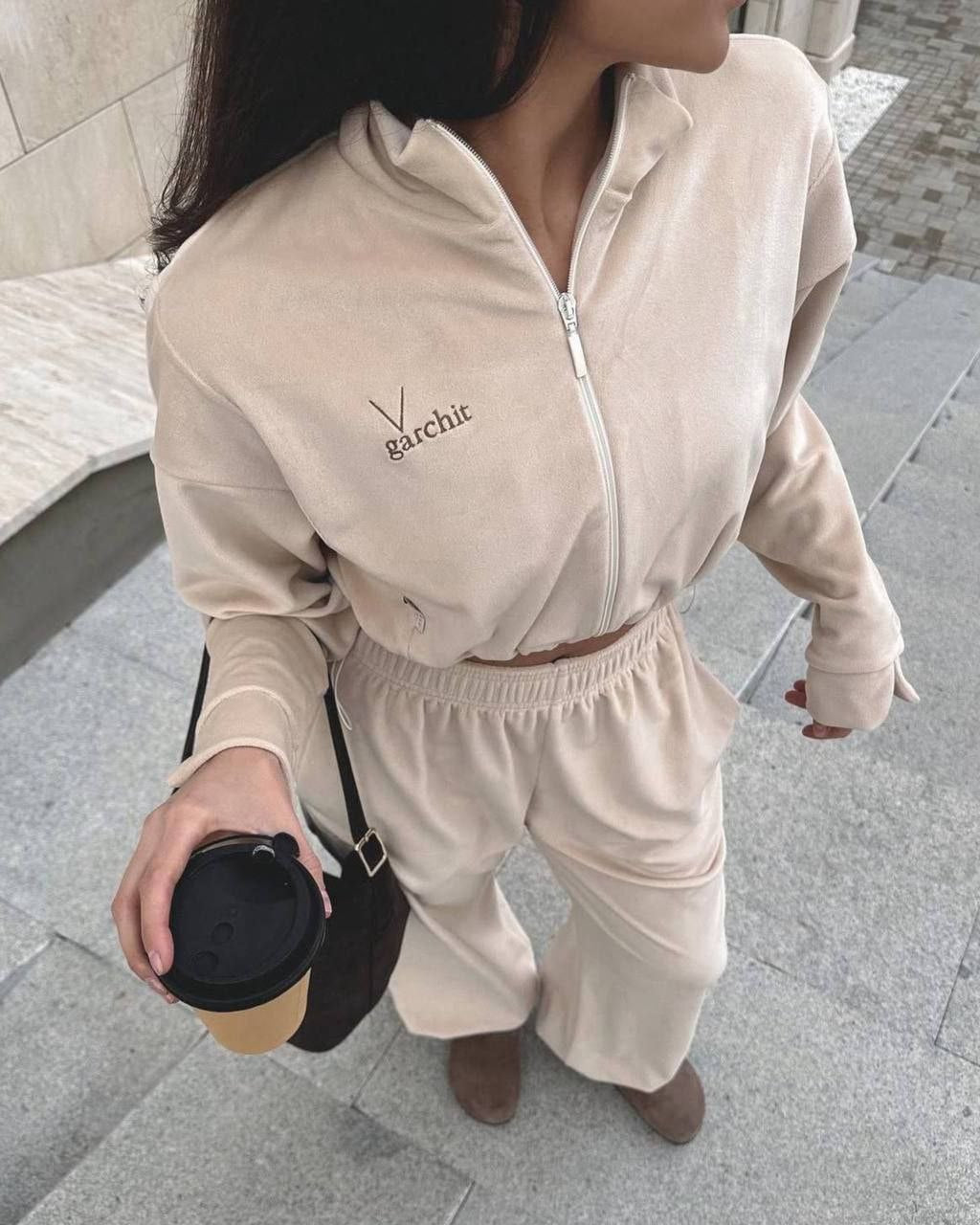 Beige Velour Two-Piece Set