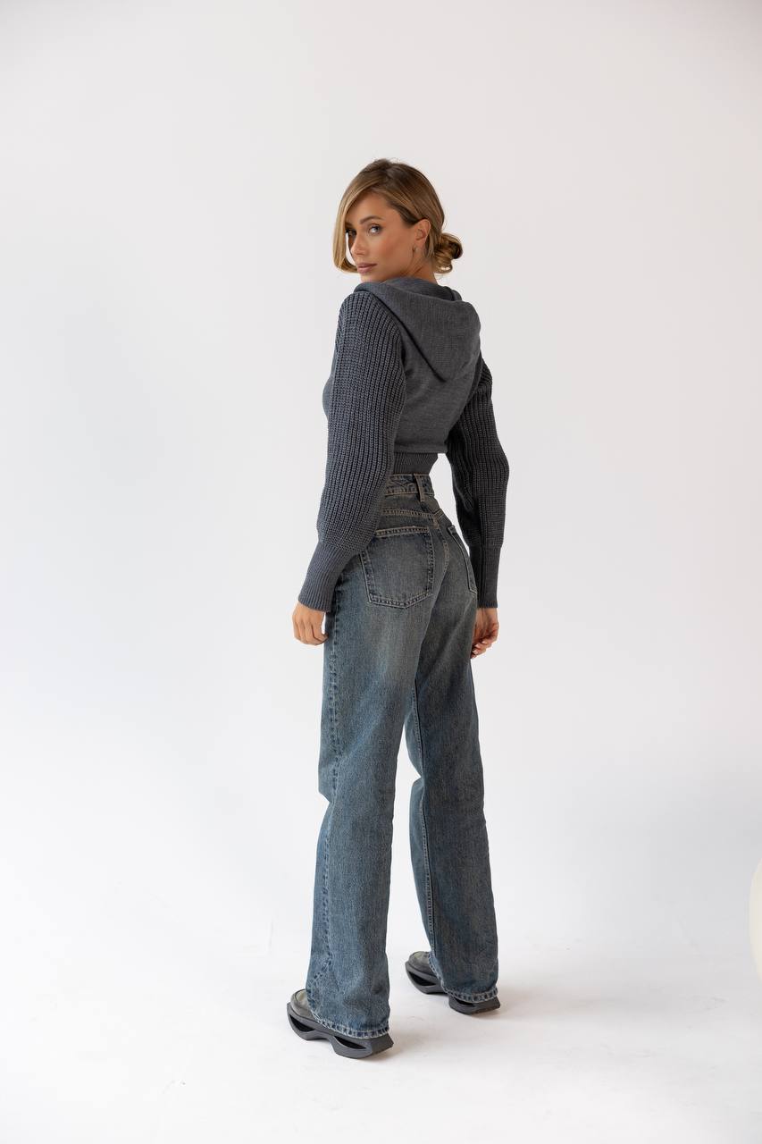 Wool Cropped Knit Zip Hoodie Grey