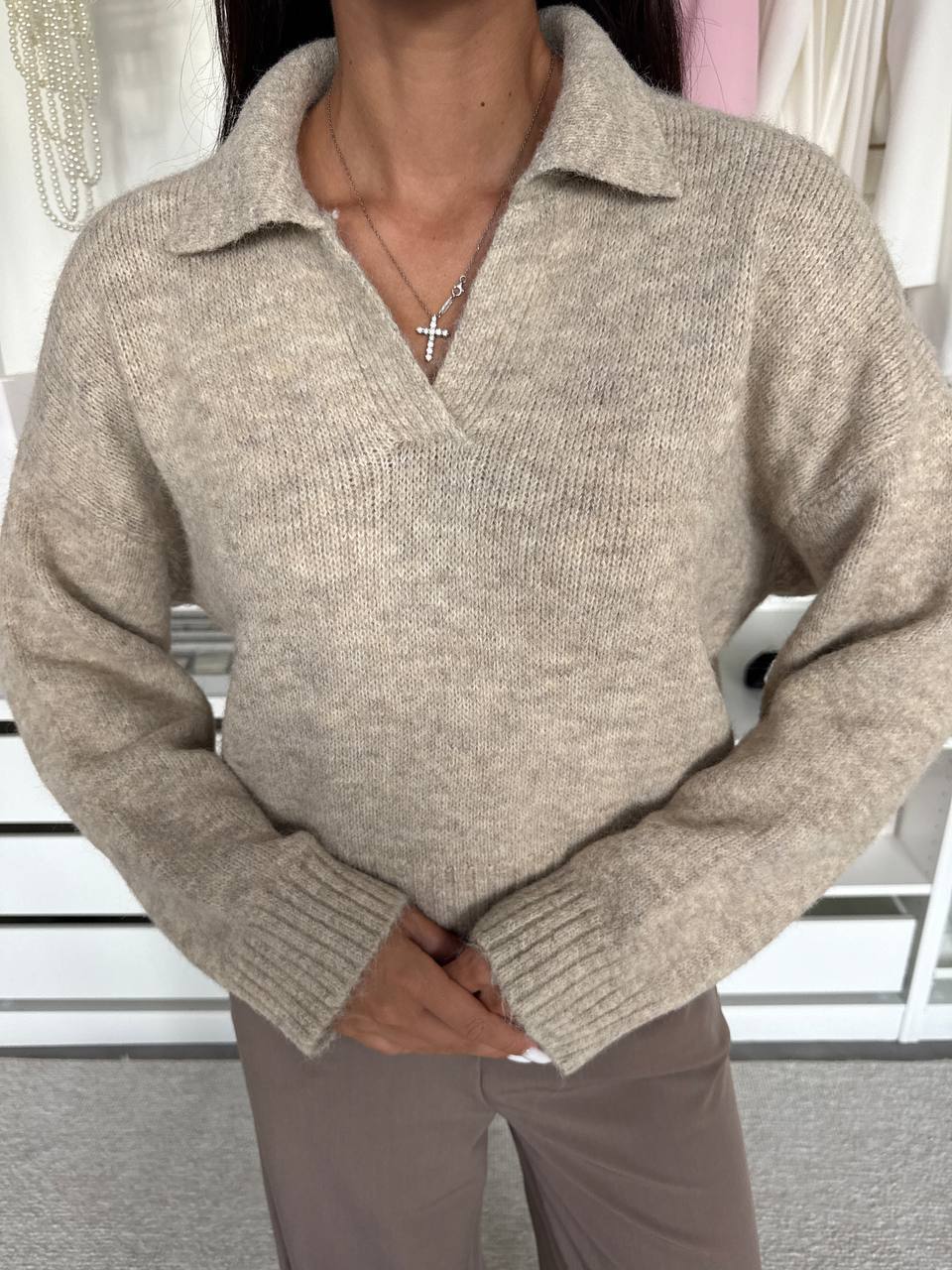Wool Blend Knit Sweater Beige