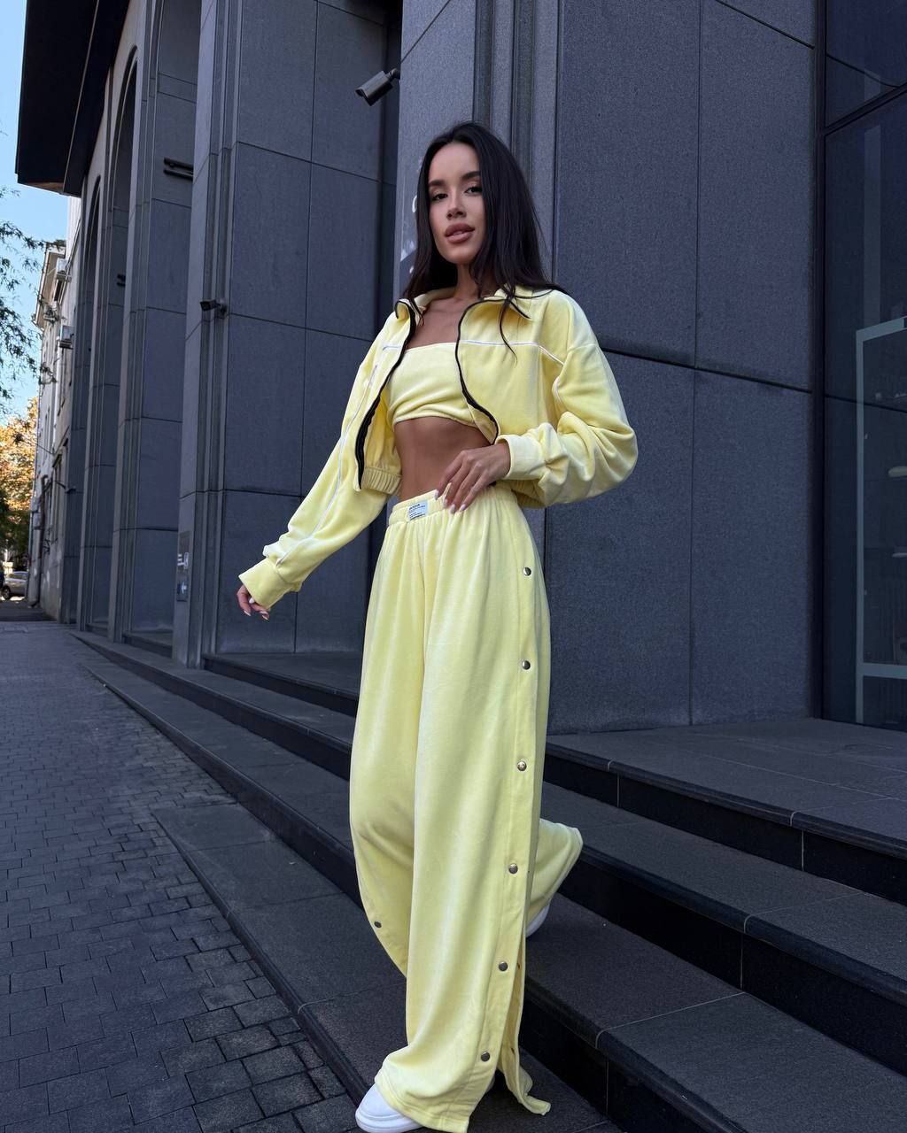 Velour Suit with Cropped Blazer Yellow