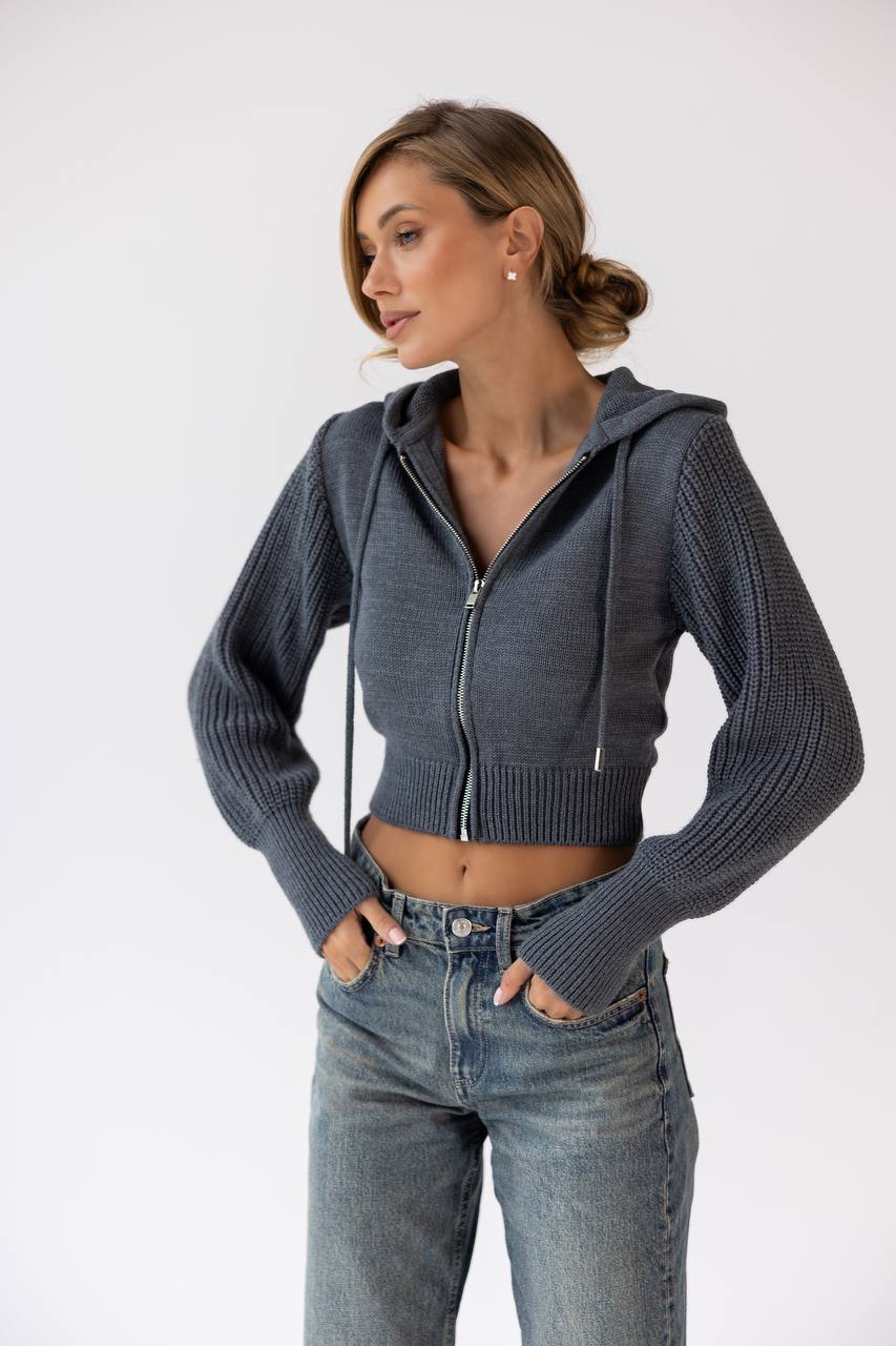 Wool Cropped Knit Zip Hoodie Grey