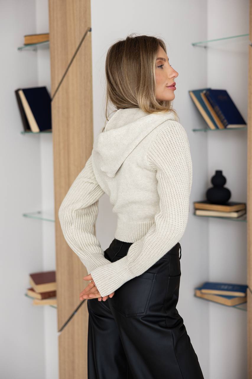 Wool Cropped Knit Zip Hoodie light beige