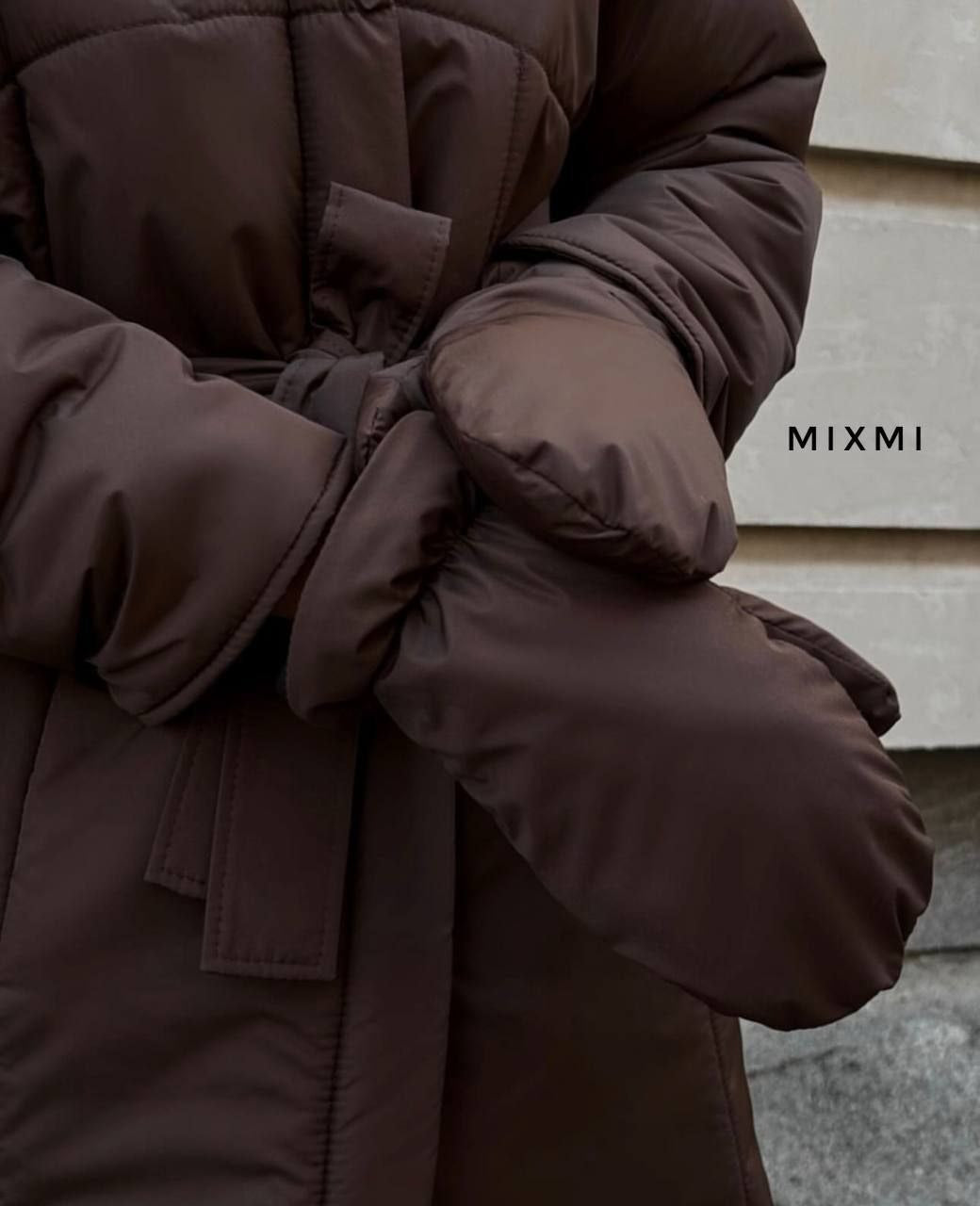 Stylish Quilted Coat with Belt and Mittens Brown