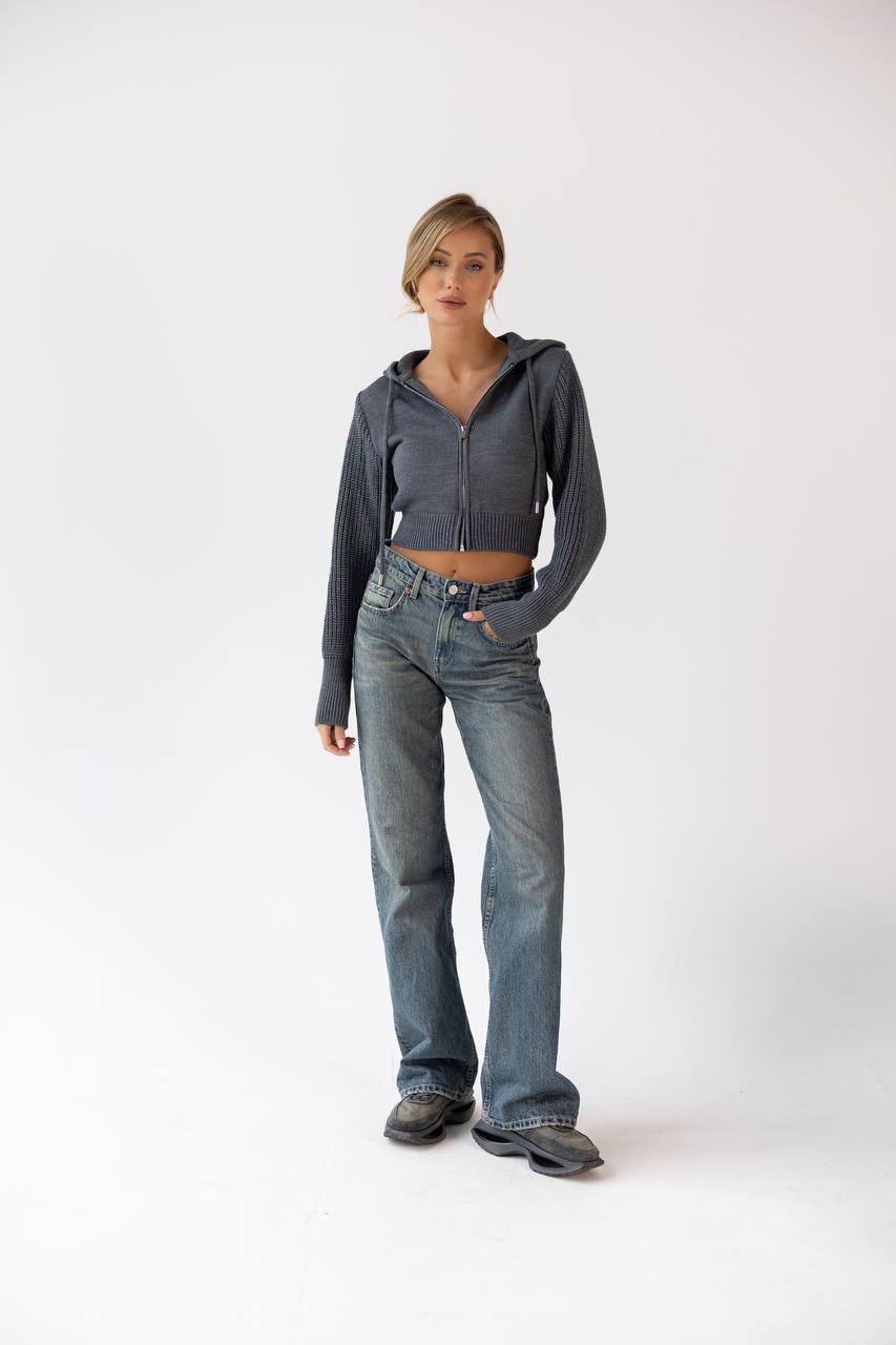 Wool Cropped Knit Zip Hoodie Grey