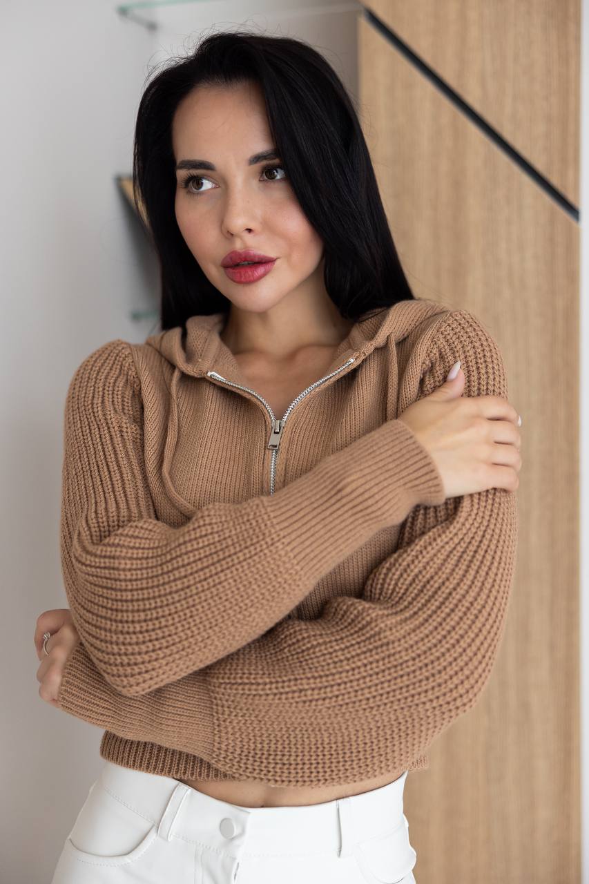 Wool Cropped Knit Zip Hoodie Beige
