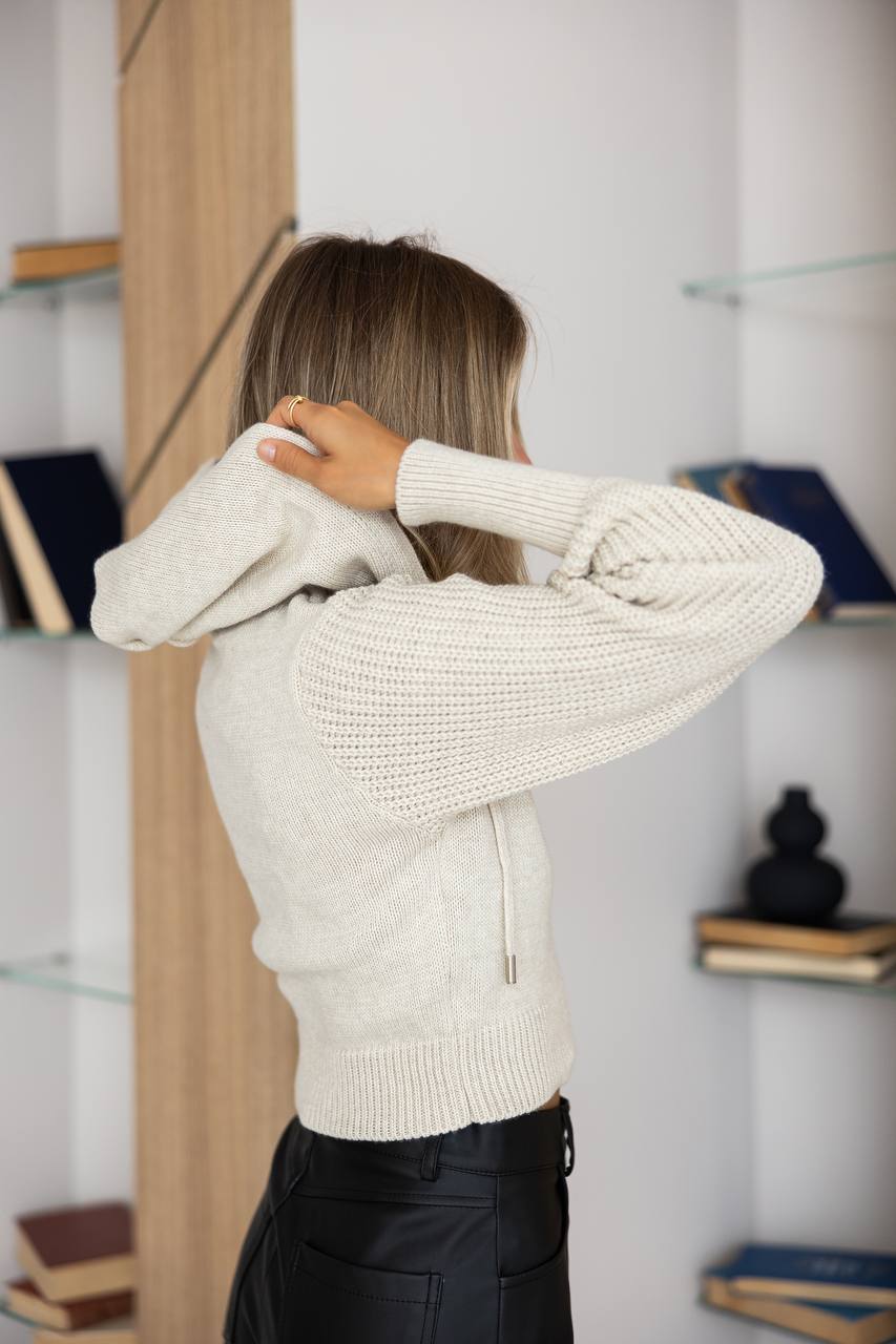 Wool Cropped Knit Zip Hoodie light beige
