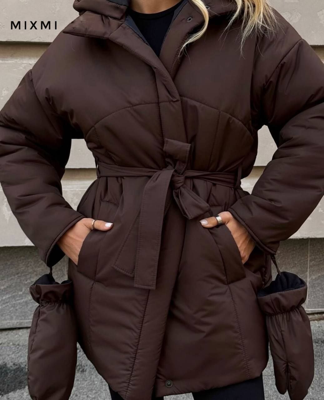 Stylish Quilted Coat with Belt and Mittens Brown