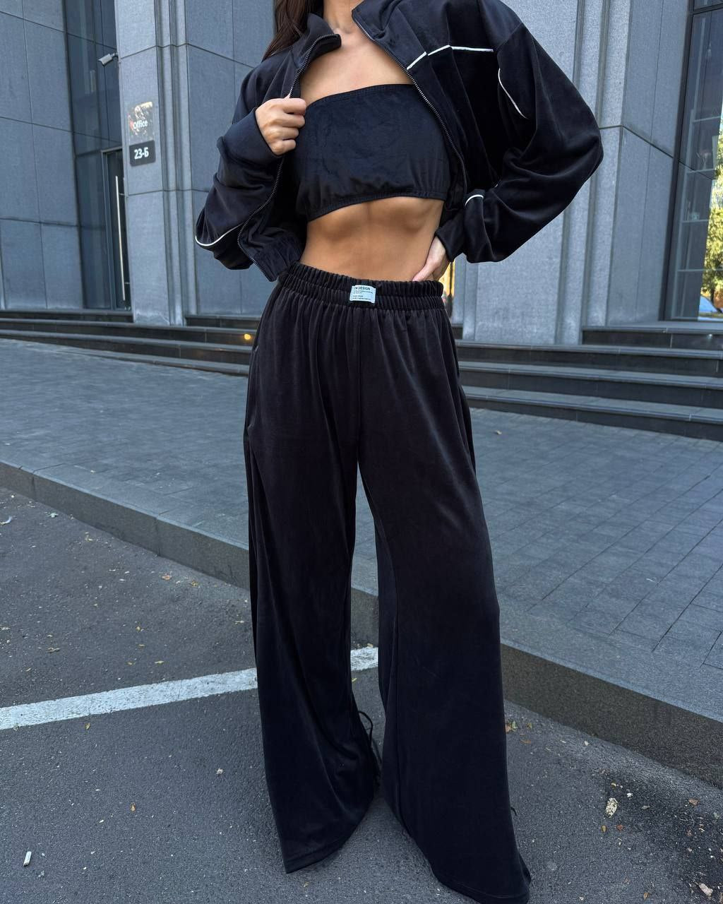 Velour Suit with Cropped Blazer Black