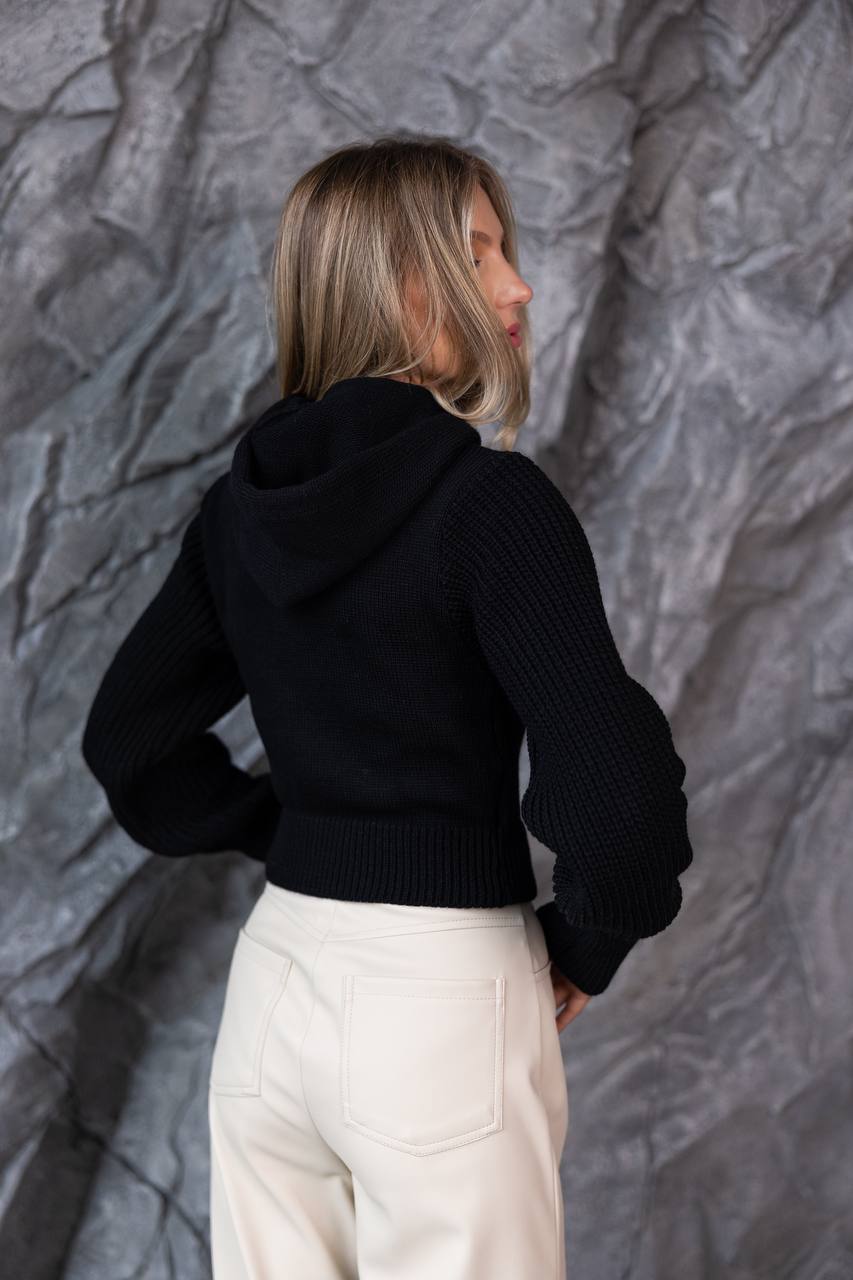Wool Cropped Knit Zip Hoodie Black