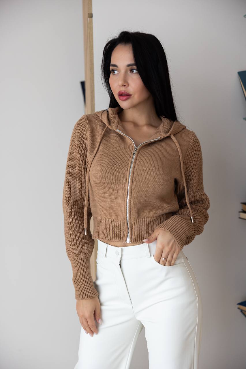 Wool Cropped Knit Zip Hoodie Beige