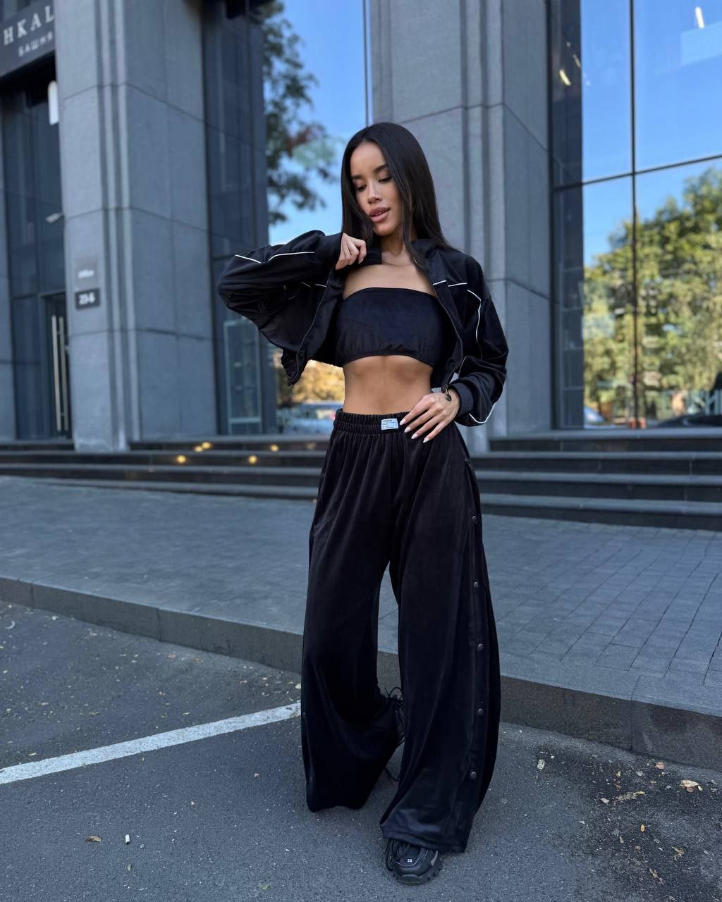 Velour Suit with Cropped Blazer Black