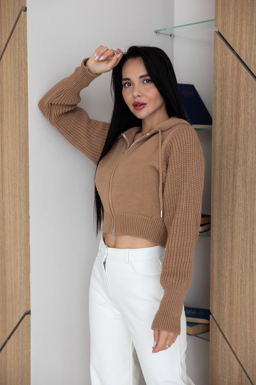 Wool Cropped Knit Zip Hoodie Beige