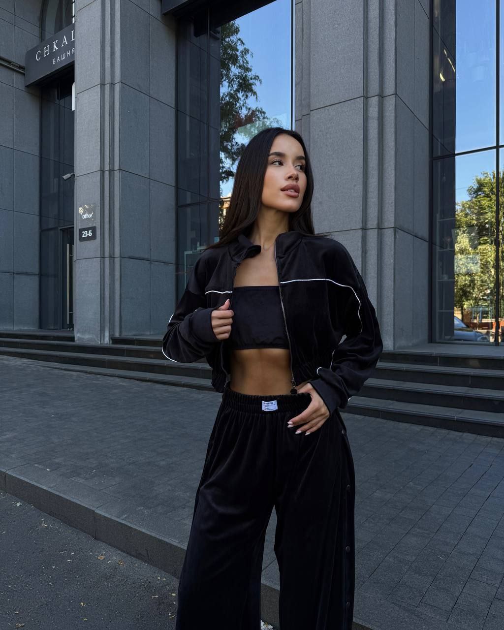 Velour Suit with Cropped Blazer Black
