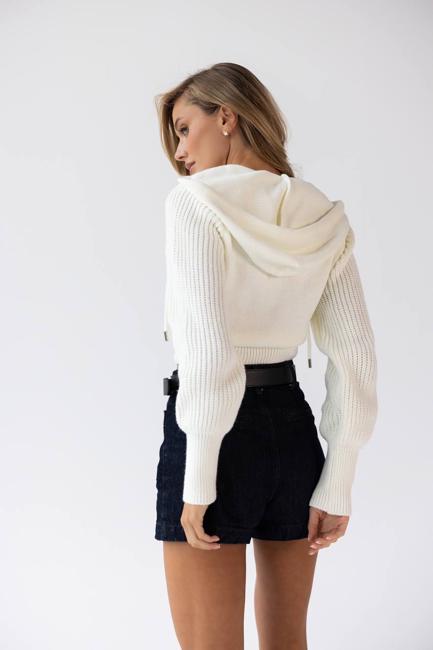 Wool Cropped Knit Zip Hoodie Milky