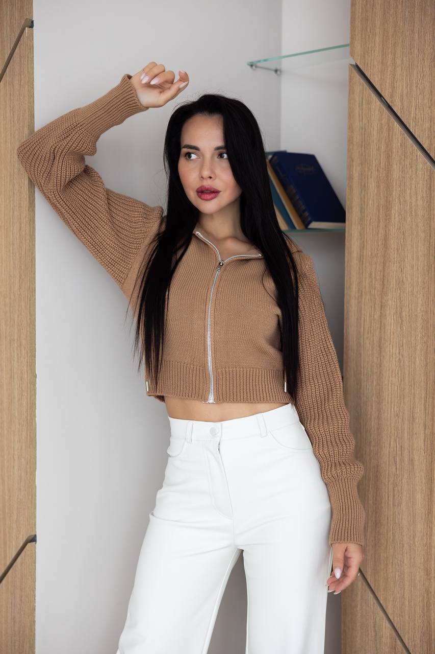 Wool Cropped Knit Zip Hoodie Beige