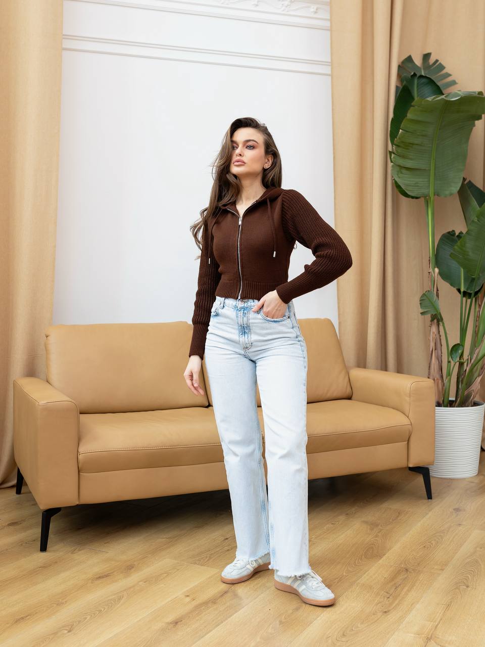Wool Cropped Knit Zip Hoodie Brown